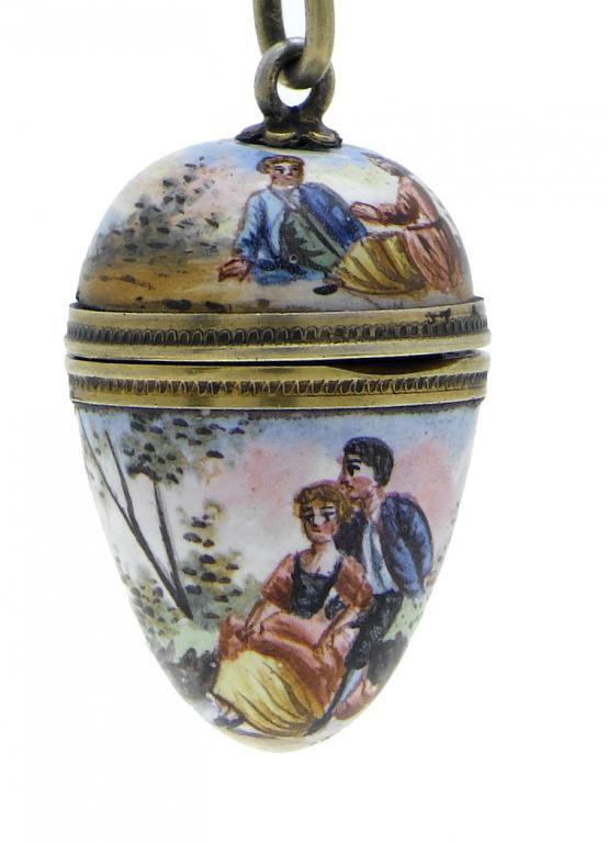 Appraisal: A VIENNESE SILVER GILT-MOUNTED AND ENAMELLED EGG-SHAPED VINAIGRETTE painted with