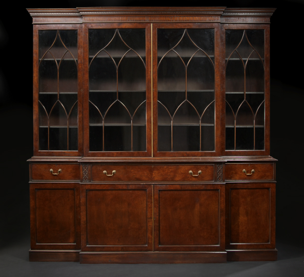 Appraisal: George III-Style Mahogany and Burlwood Breakfront Bookcase late th century