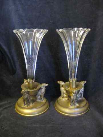 Appraisal: Pair of Victorian Brass Crystal Vaseswith trio of dogs at