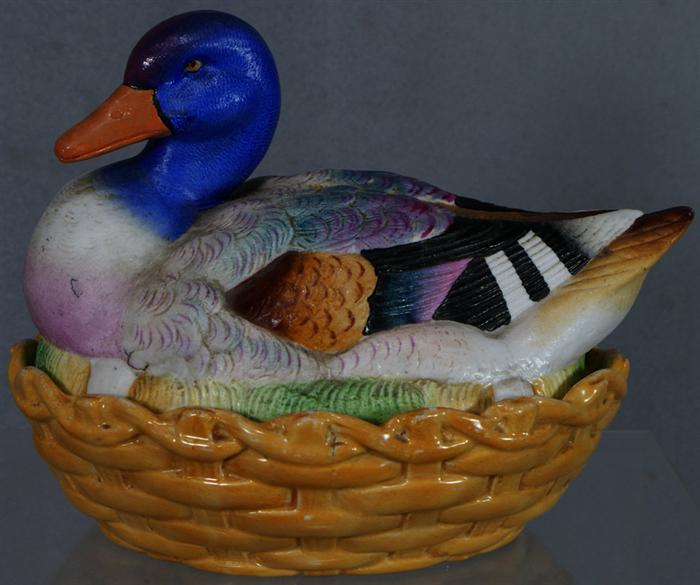 Appraisal: Staffordshire polychrome duck on nest tureen matte glazed polychrome top