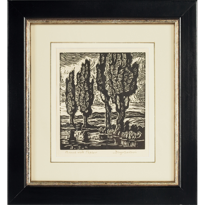 Appraisal: Birger Sandzen woodblock ''Brook with Poplars '' signed framed image