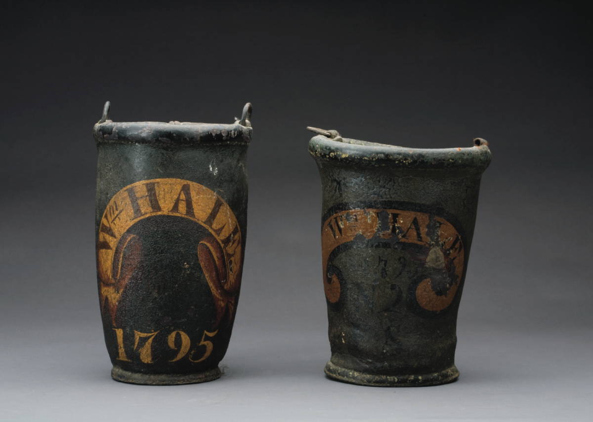 Appraisal: TWO EIGHTEENTH CENTURY PORTSMOUTH N H PAINTED LEATHER FIRE BUCKETS