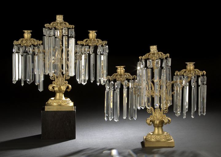 Appraisal: Fine Pair of Victorian Gilt-Lacquered Brass and Bronze Three-Light Girandoles