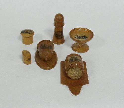 Appraisal: Six pieces of Mauchline ware including a ring box 'Made