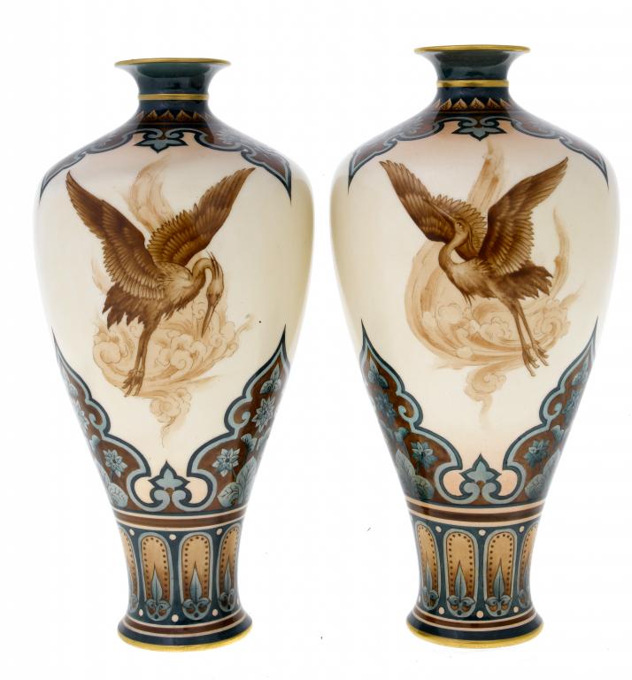 Appraisal: TWO HADLEY'S WORCESTER VASES of inverted pear shape painted with