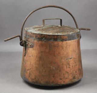 Appraisal: Large French Copper Covered Kettle th c with folding iron