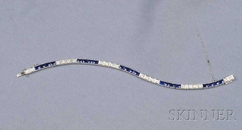 Appraisal: Art Deco Platinum Synthetic Sapphire and Diamond Line Bracelet box-set