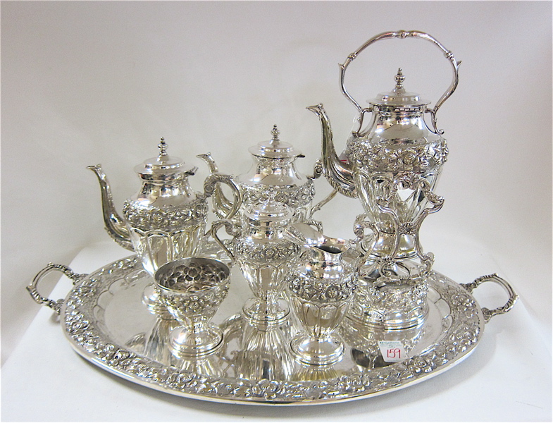 Appraisal: MEXICO SILVER PLATE COFFEE TEA SERVICE PLUS TRAY seven piece