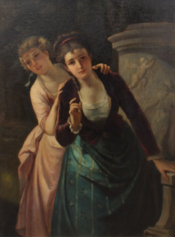 Appraisal: TH CENTURY GENRE PAINTING OF TWO YOUNG BEAUTIES SIGNED SCHLESINGER