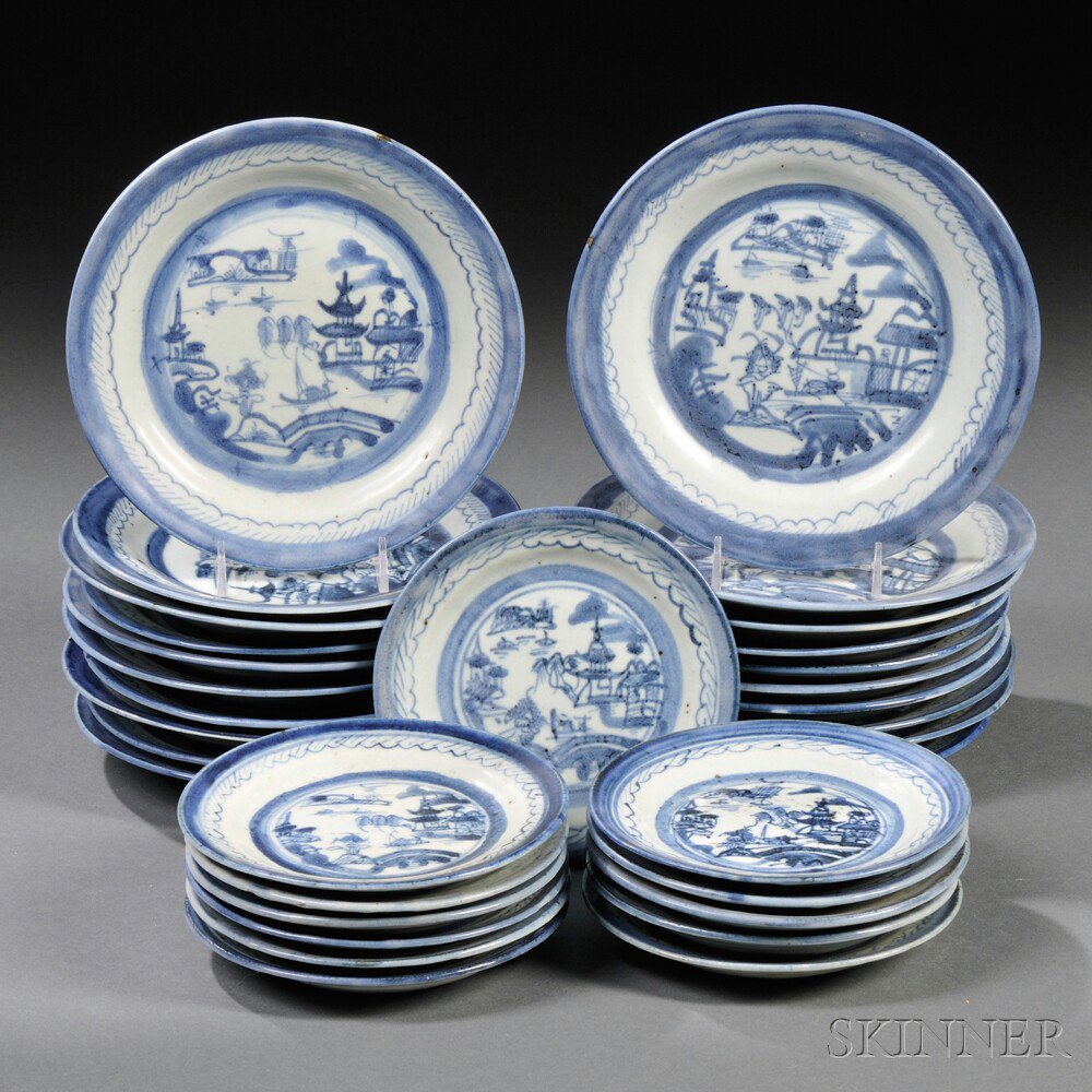 Appraisal: Thirty-two Small Blue and White Canton-decorated Porcelain Plates China late