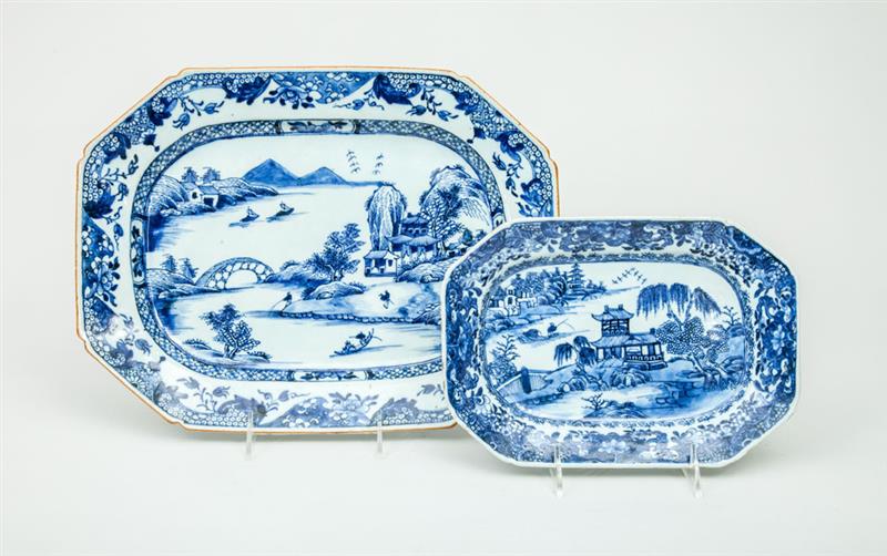 Appraisal: Two Chinese Export Blue and White Porcelain Chamfered Rectangular Platters