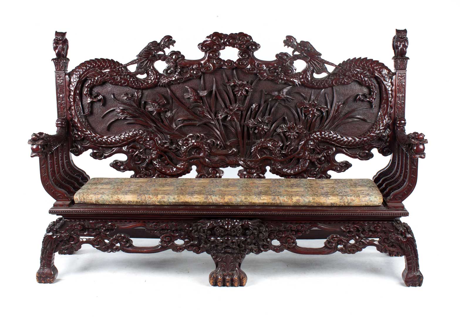 Appraisal: Japanese carved hardwood settee late th century elaborate carved dragon