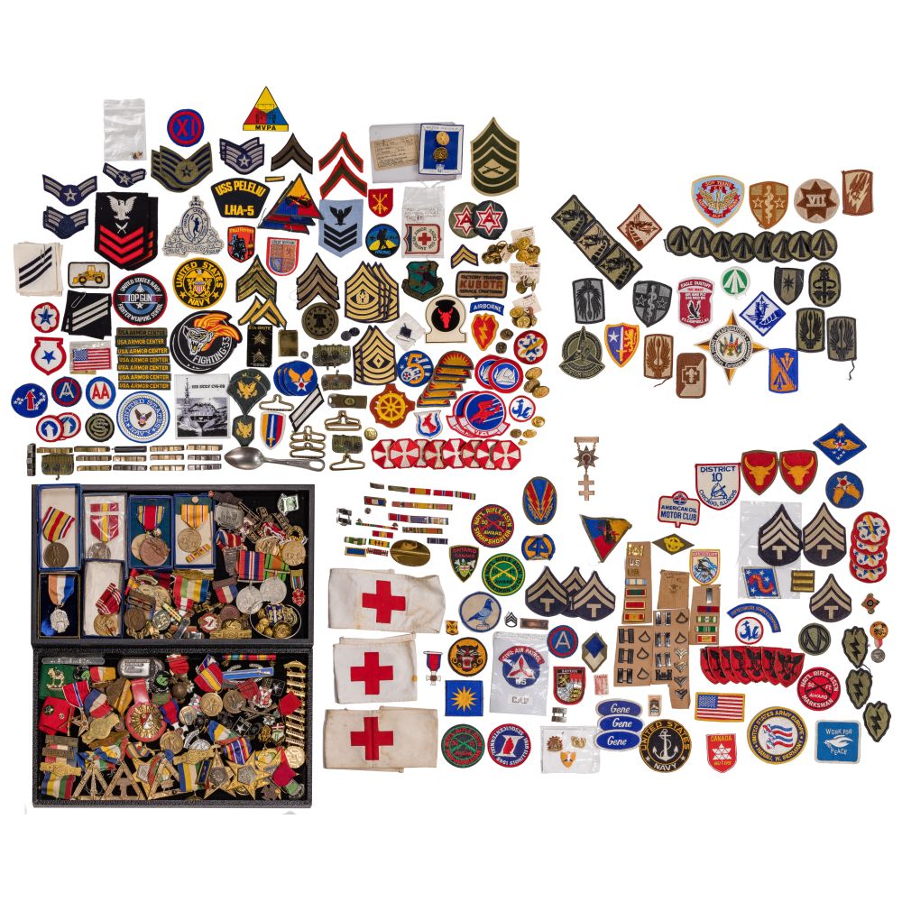 Appraisal: MILITARY AND FRATERNAL MEDAL PATCH AND PIN ASSORTMENTIncluding over patches