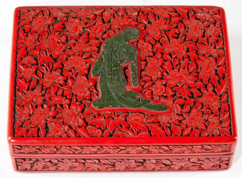 Appraisal: Cinnabar Box with Jade Insert th century the rectangular box