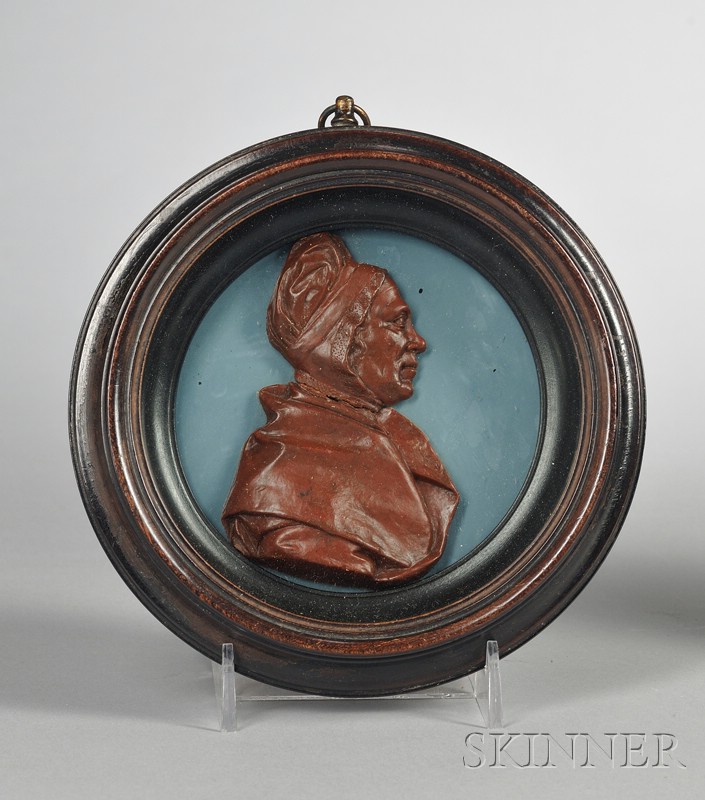 Appraisal: Wax Portrait Medallion England th century reddish-brown portrait of a