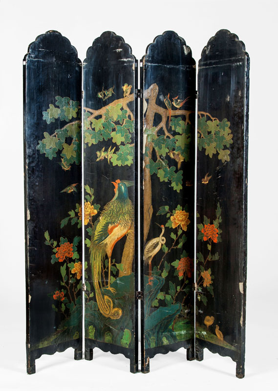 Appraisal: CHINESE BLACK LACQUER AND POLYCHROME FOUR-PANEL SCREEN Depicting exotic birds