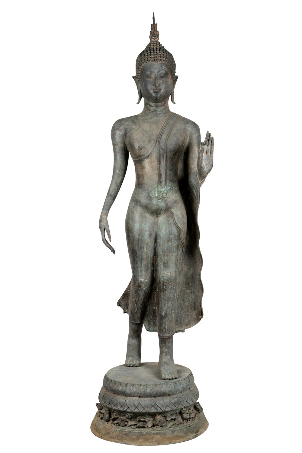 Appraisal: THAI BRONZE FIGUREdepicting Buddha walking Condition various shades of patina