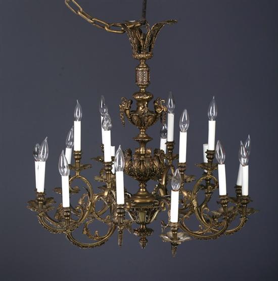 Appraisal: EIGHTEEN-LIGHT BRASS FLORAL-DESIGN CHANDELIER th century Six scrolling branch-form arms