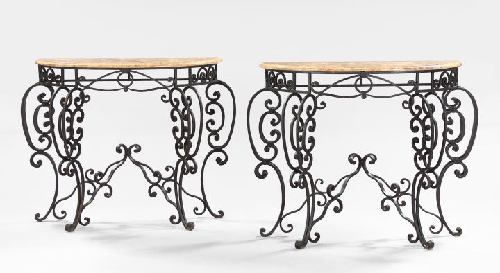 Appraisal: Pair of Wrought-Iron and Marble-Top Console Tables in the Italian