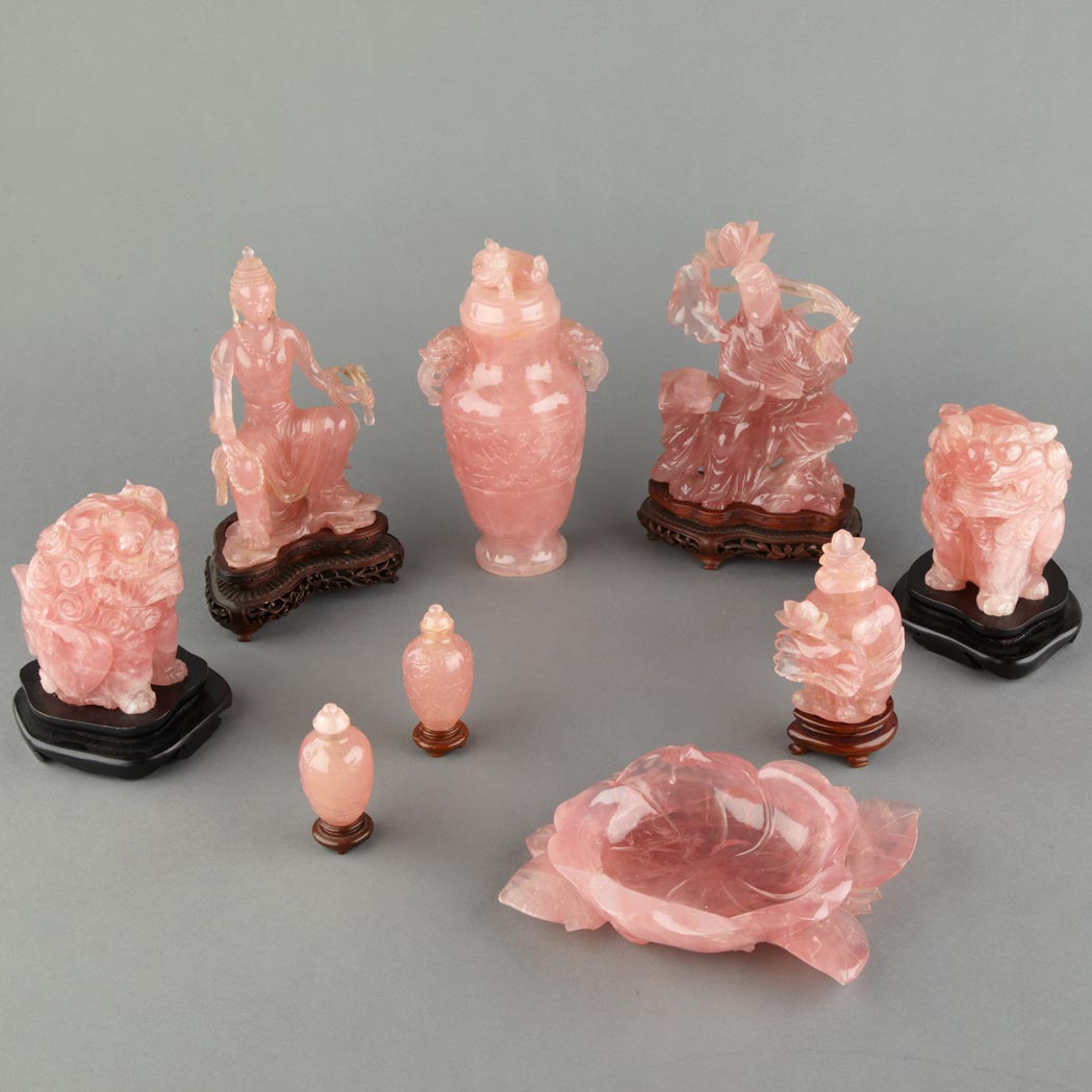 Appraisal: Group of Nine Rose Quartz Articles Comprising two seated foo