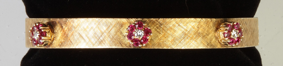 Appraisal: K Gold Ruby Diamond Bracelet together w Floral Pin Bracelet