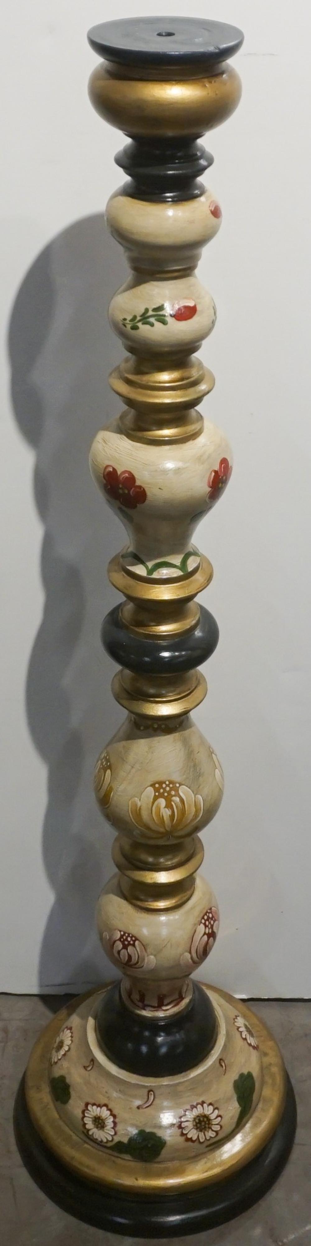 Appraisal: German Decorated Wood Tall Pillar Candlestick H in cm