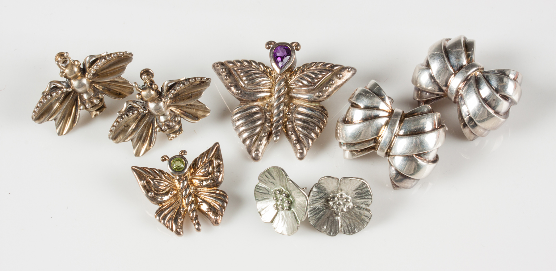 Appraisal: Vintage Sterling Silver Earrings Pins Sterling butterfly pins Sterling bow