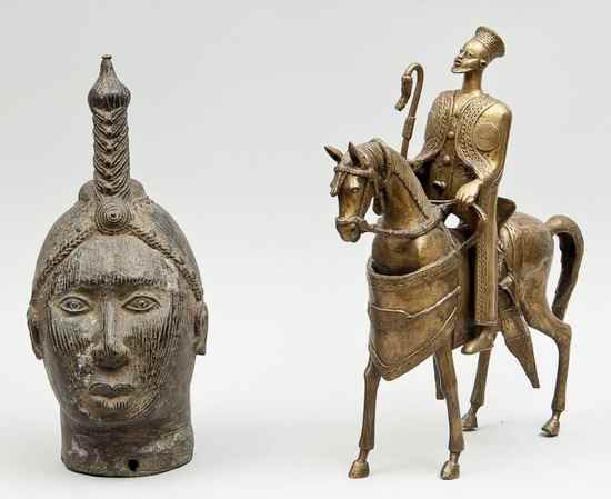 Appraisal: Two bronze figures one Ife style head Nigeria second half