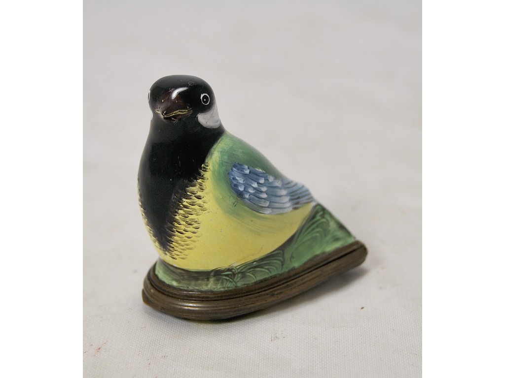 Appraisal: An enamel snuff box modelled and painted as a bird