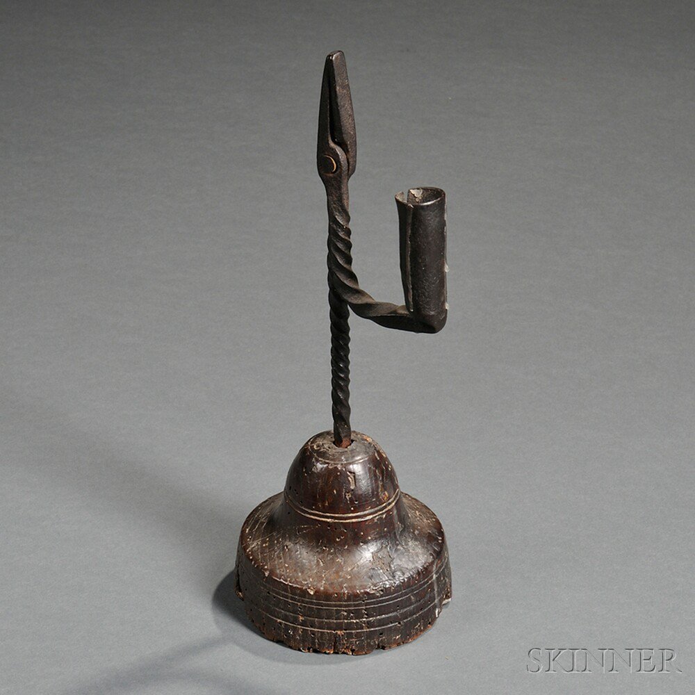 Appraisal: Wrought Iron and Turned Wood Rushlight Holder probably America late