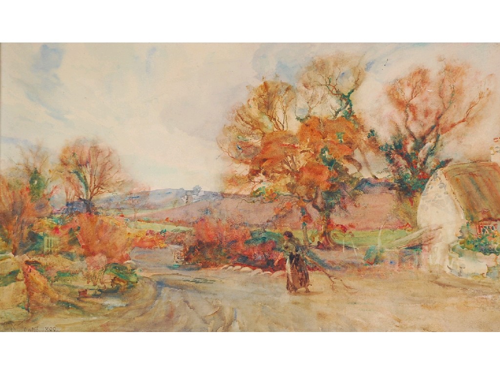 Appraisal: SAM TOWERS - WATERCOLOUR Country lane with maid and cottage