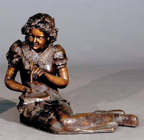 Appraisal: Continental figural garden sculpture depicting girl writing on tablet bronze