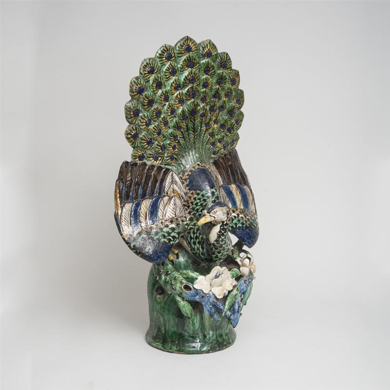 Appraisal: IBERIAN MAJOLICA PEACOCK Broken and repaired x in Estimate -