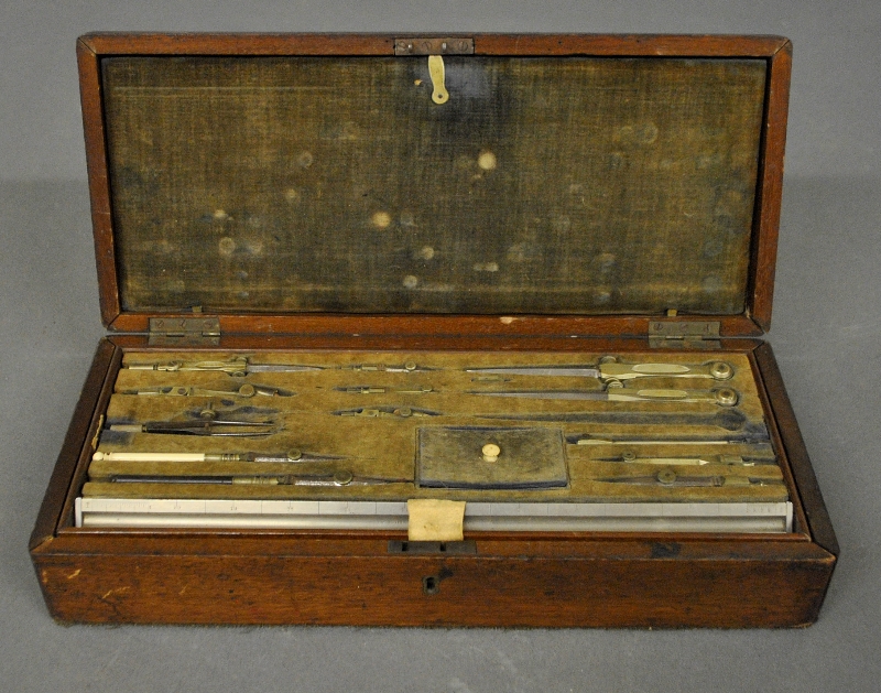 Appraisal: - Mahogany cased drafting set with a brass inlaid oval