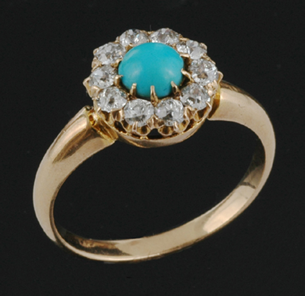 Appraisal: An Antique turquoise and diamond cluster ring The turquoise cut