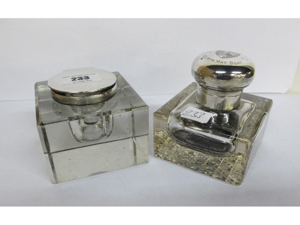 Appraisal: A lot comprising two silver topped inkwells Birmingham and