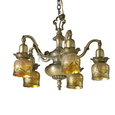 Appraisal: PAIR OF THREADED ART GLASS SHADE CHANDELIERS -arm shades with