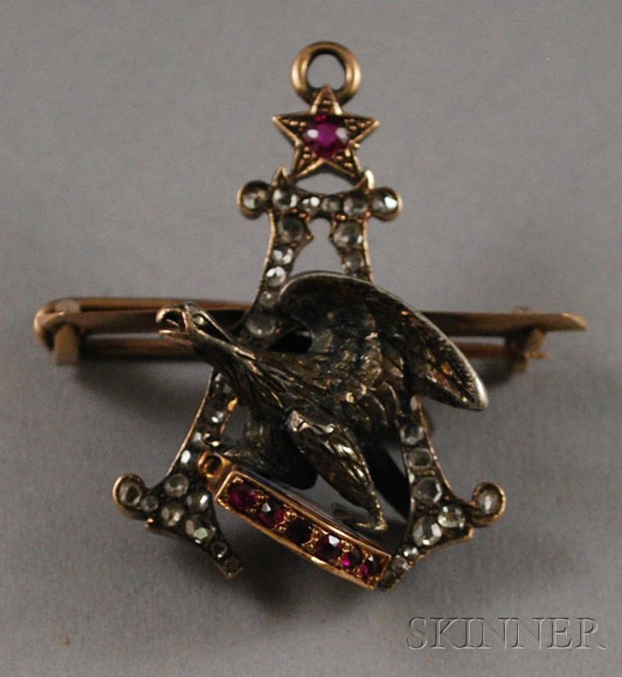 Appraisal: Gold Diamond Gemstone and Enamel Brewmaster Pin lg wd in