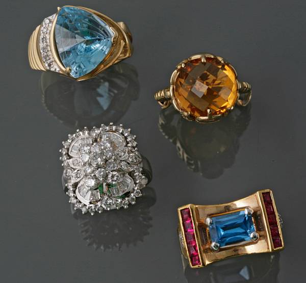 Appraisal: A collection of seven diamond gem-set and gold rings with