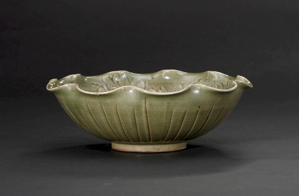 Appraisal: Large Carved Yaozhou Celadon 'Floral' Bowl With deep rounded sides