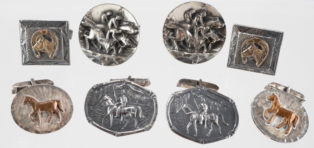 Appraisal: Four vintage pair of sterling silver equestrian cufflinks Round cufflinks