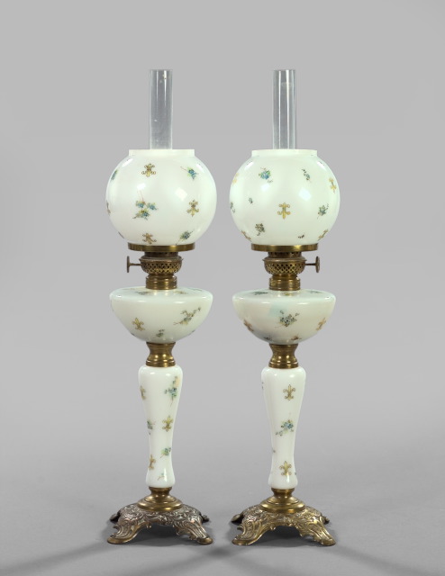 Appraisal: Pair of Diminutive French Floral-Painted and Brass-Mounted White Opaline Glass