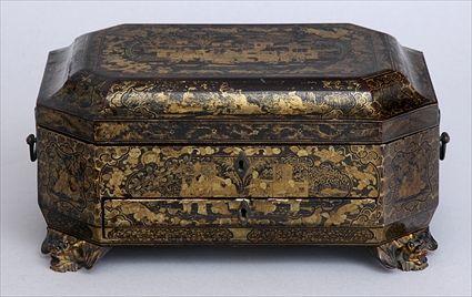 Appraisal: CHINESE EXPORT BLACK LACQUER WORK BOX The chamfered rectangular flattened