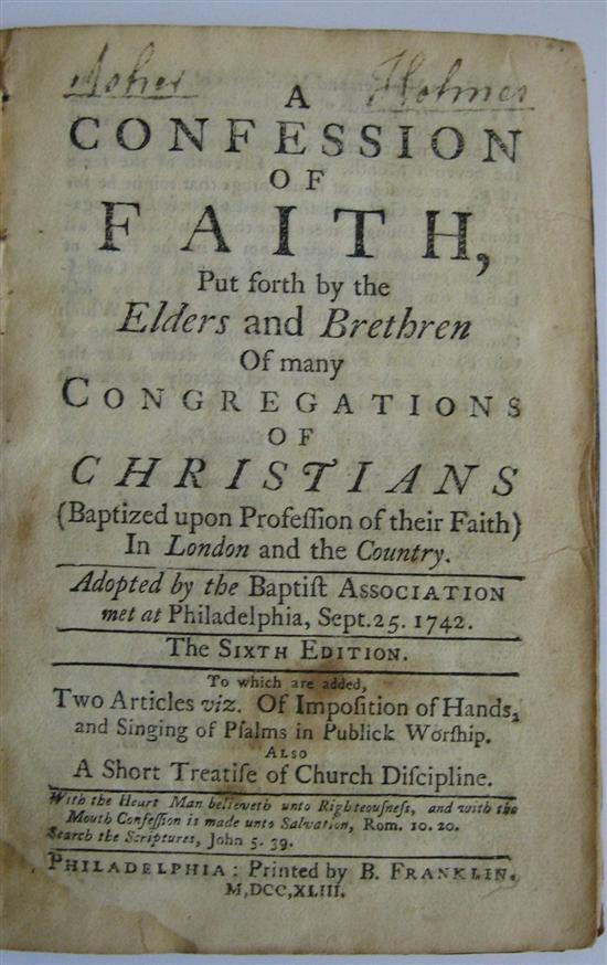 Appraisal: FRANKLIN IMPRINT EARLY AMERICAN IMPRINT A Confession of Faith put