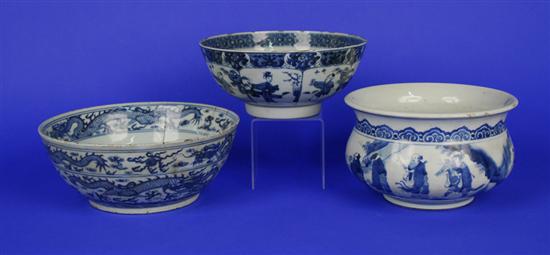 Appraisal: THREE CHINESE BLUE AND WHITE BOWLS one Kangxi Period diameter