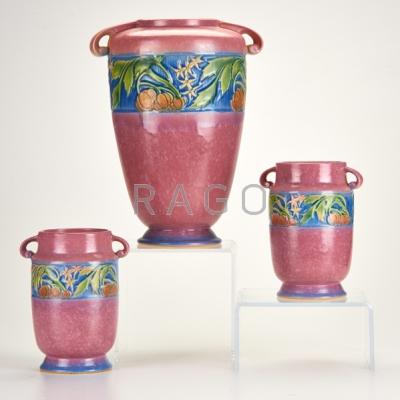 Appraisal: ROSEVILLE Three Pink Baneda vases One marked Largest x Condition