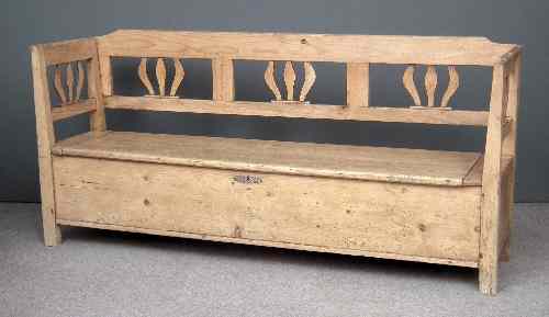 Appraisal: A th Century stripped pine box bench with pierced back