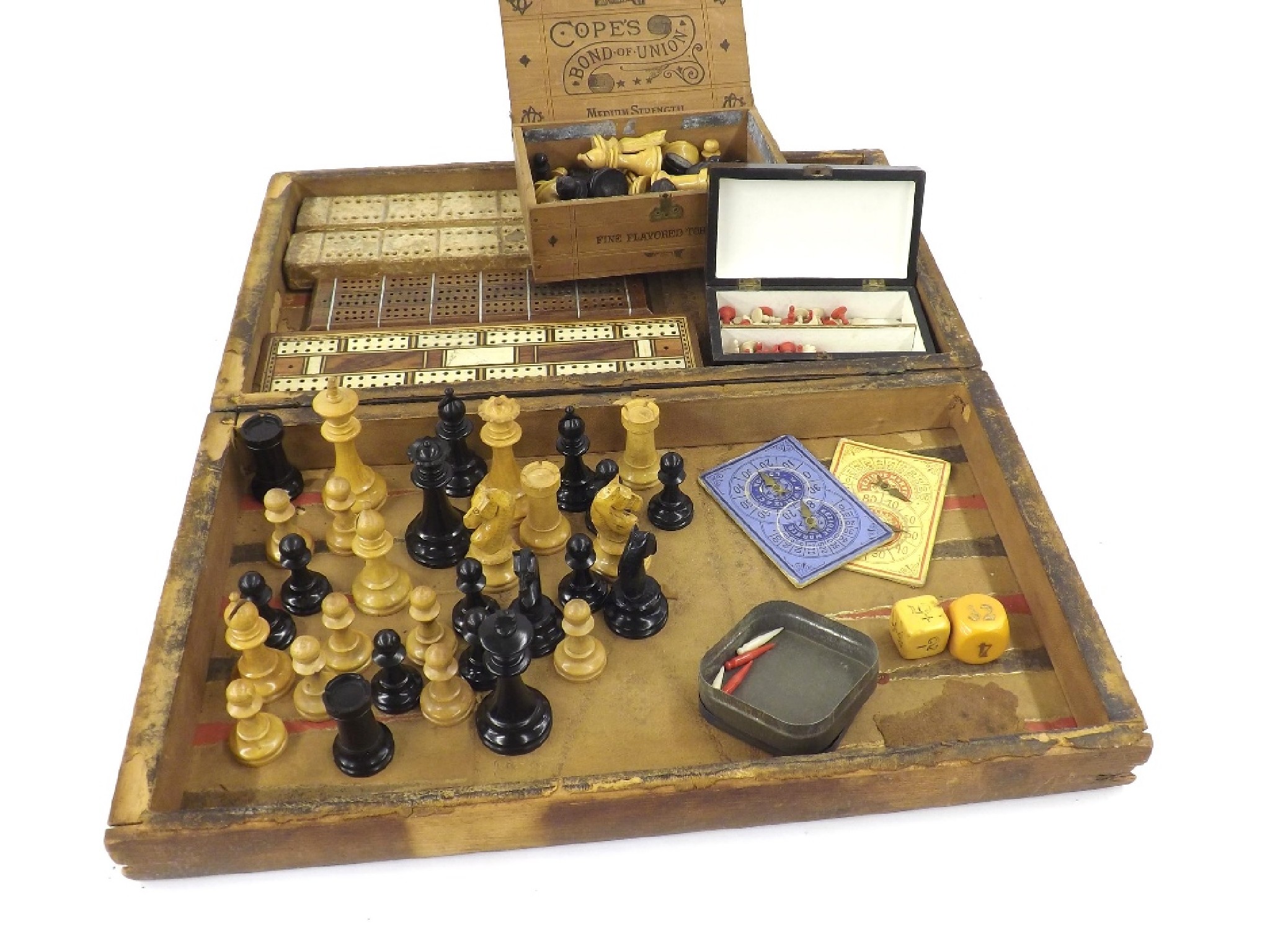 Appraisal: Chess and backgammon box containing various chess pieces cribbage boards