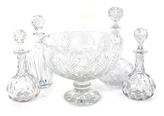 Appraisal: English crystal punch bowl and decanters pedestal bowl H Dia