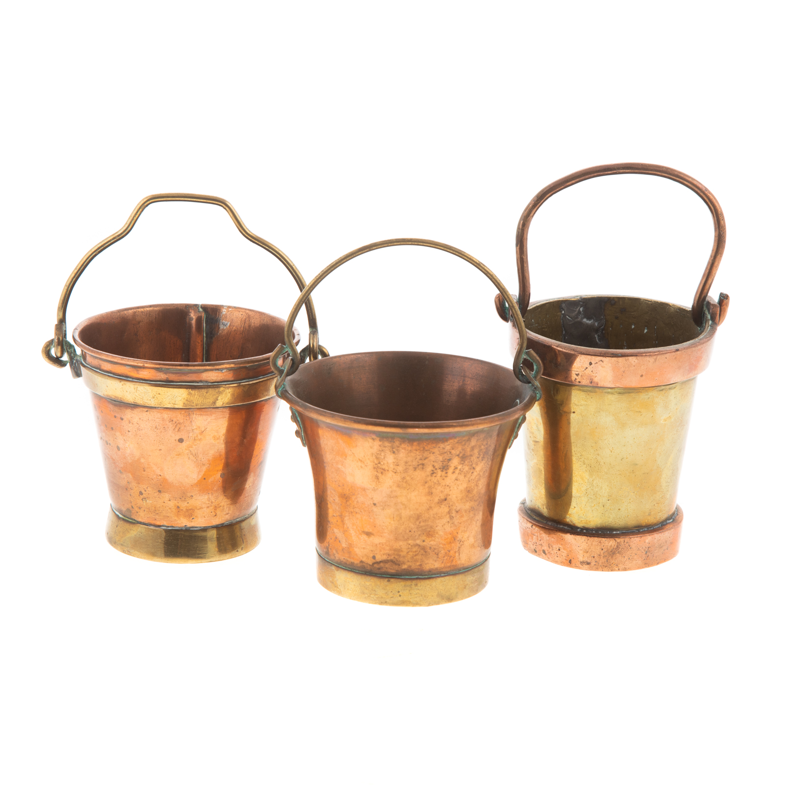 Appraisal: THREE COPPER BRASS MINIATURE BUTTER BUCKETS Late th century includes